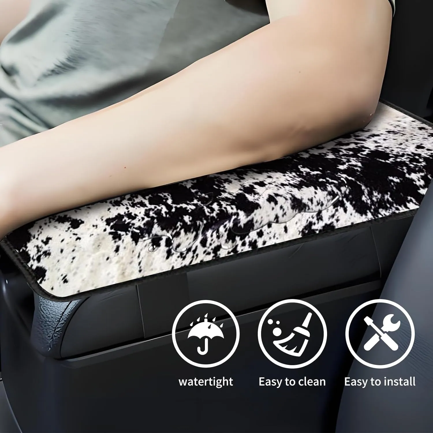 Car Center Console Cover, Universal Soft Large Neoprene Auto Armrest Seat Box Cover, Funny Car Decor Accessories Fit for Most Cars, Vehicles, SUVs Black White Cowhide
