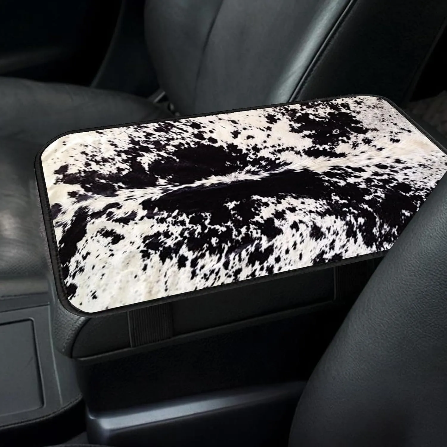 Car Center Console Cover, Universal Soft Large Neoprene Auto Armrest Seat Box Cover, Funny Car Decor Accessories Fit for Most Cars, Vehicles, SUVs Black White Cowhide