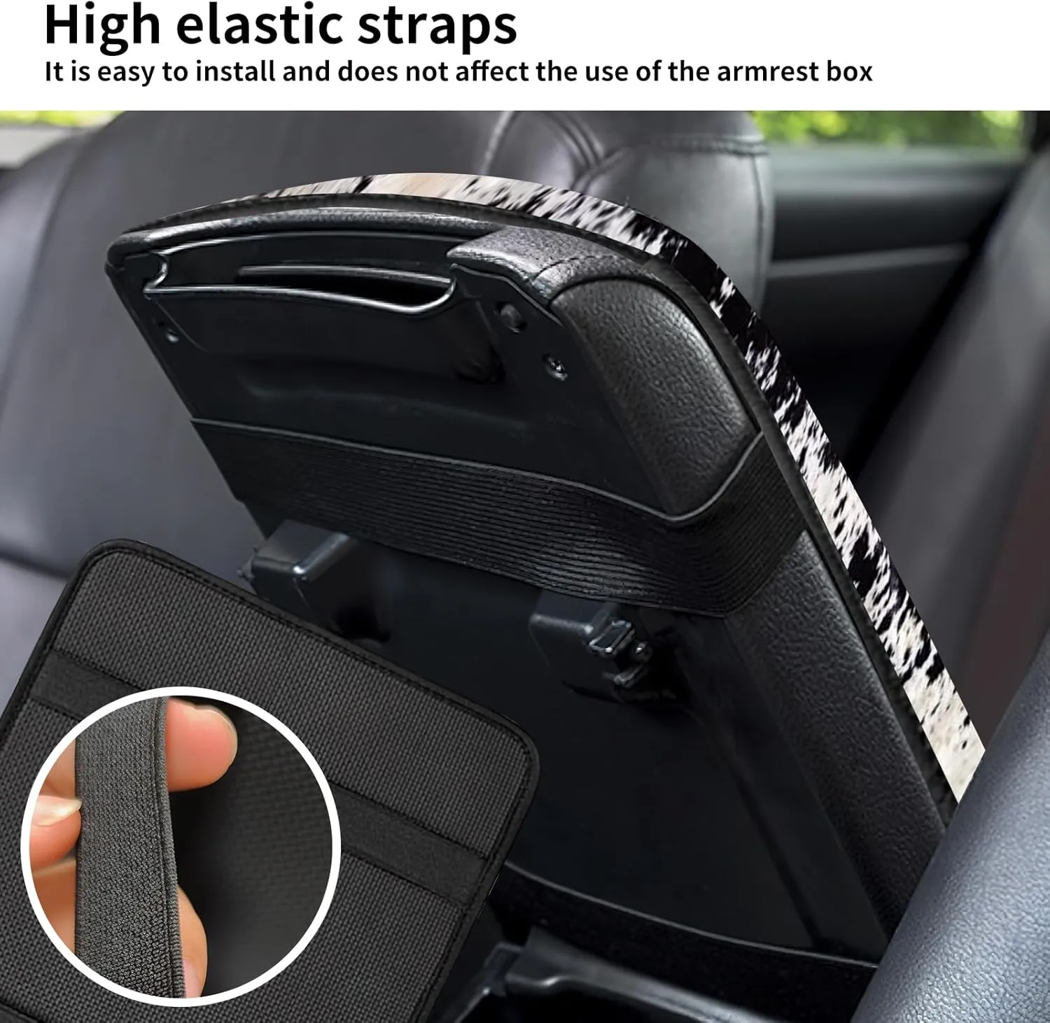 Car Center Console Cover, Universal Soft Large Neoprene Auto Armrest Seat Box Cover, Funny Car Decor Accessories Fit for Most Cars, Vehicles, SUVs Black White Cowhide