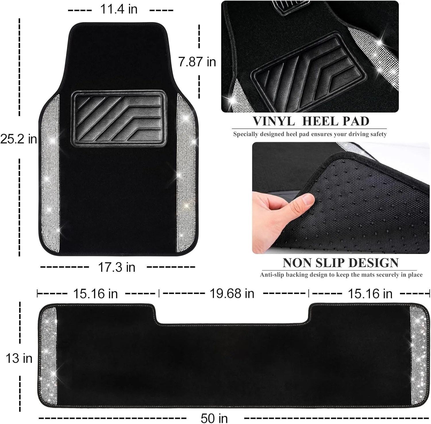 CAR PASS Bling Car Mats Shining Diamond Carpet Crystal Rhinestones Sparkly Glitter Floor Mats with Anti-Slip PVC Heel Pad Universal for Automotive SUV, Sedan, Van, 3pcs for Girl Women, Black Silver