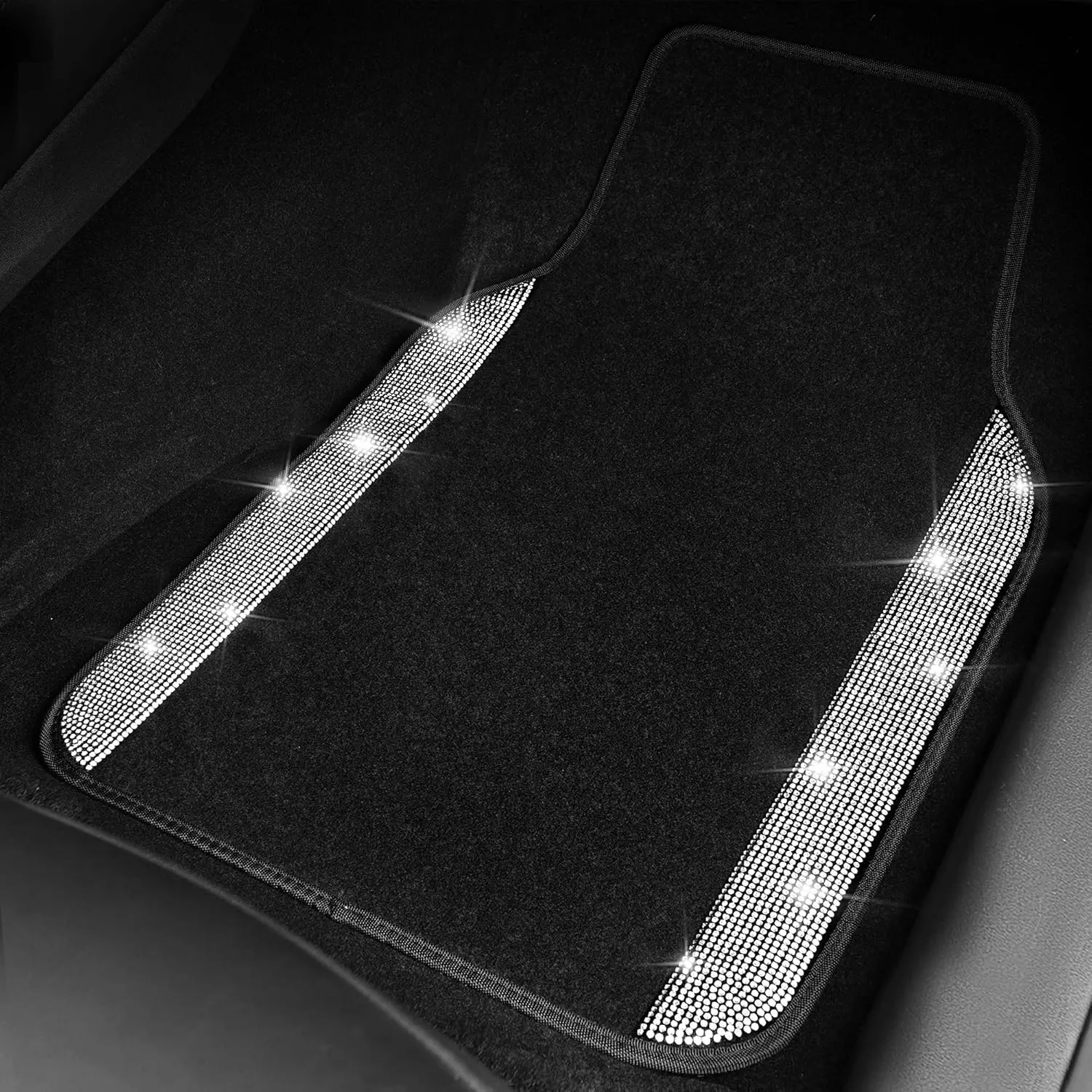 CAR PASS Bling Car Mats Shining Diamond Carpet Crystal Rhinestones Sparkly Glitter Floor Mats with Anti-Slip PVC Heel Pad Universal for Automotive SUV, Sedan, Van, 3pcs for Girl Women, Black Silver