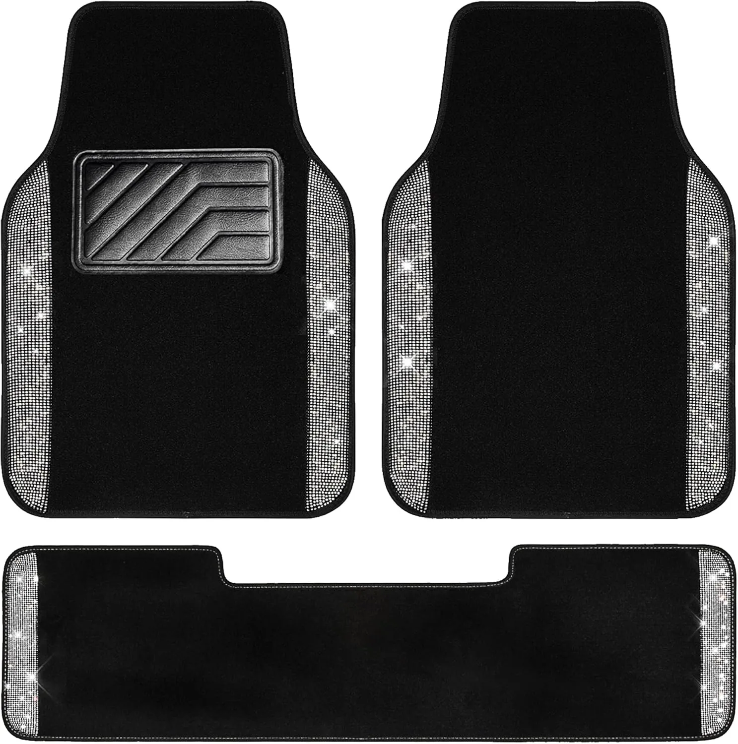CAR PASS Bling Car Mats Shining Diamond Carpet Crystal Rhinestones Sparkly Glitter Floor Mats with Anti-Slip PVC Heel Pad Universal for Automotive SUV, Sedan, Van, 3pcs for Girl Women, Black Silver