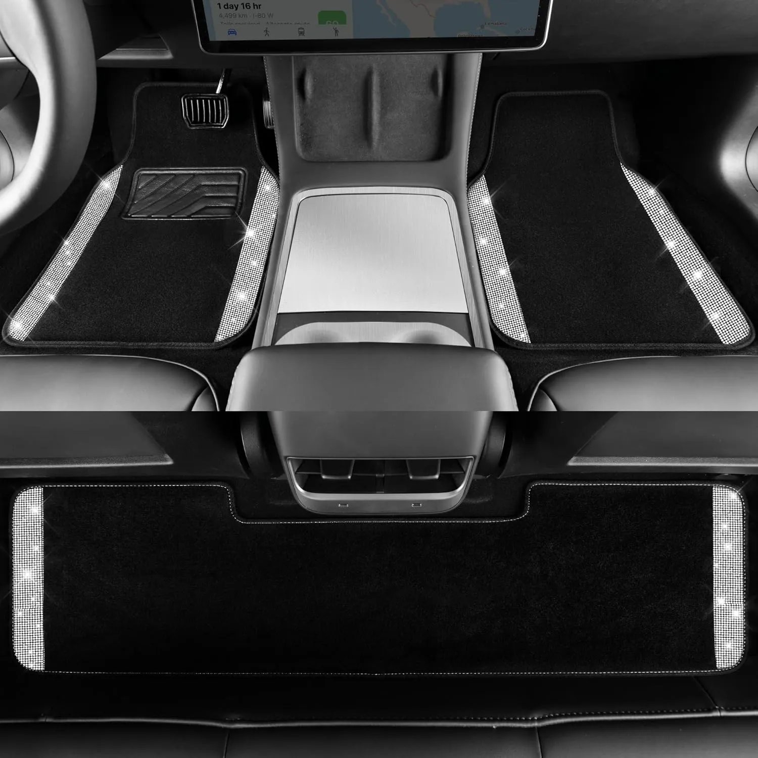 CAR PASS Bling Car Mats Shining Diamond Carpet Crystal Rhinestones Sparkly Glitter Floor Mats with Anti-Slip PVC Heel Pad Universal for Automotive SUV, Sedan, Van, 3pcs for Girl Women, Black Silver