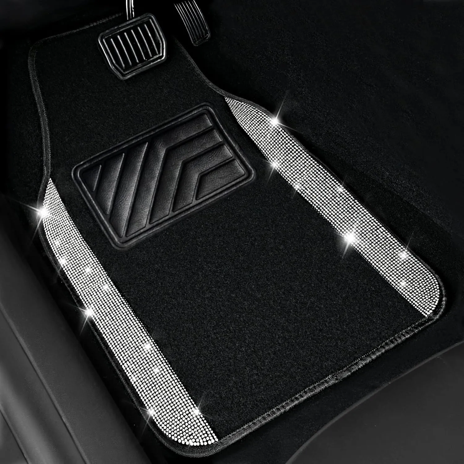 CAR PASS Bling Car Mats Shining Diamond Carpet Crystal Rhinestones Sparkly Glitter Floor Mats with Anti-Slip PVC Heel Pad Universal for Automotive SUV, Sedan, Van, 3pcs for Girl Women, Black Silver