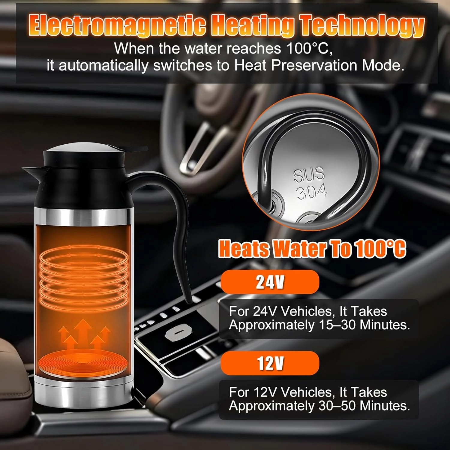 Car Electric Heating Cup 750ml Portable Stainless Steel Travel Mug, Insulated Water Cup, High Efficiency, Double Wall Vacuum Cup Body, High Grade Silicone Sealing Gasket (24V)