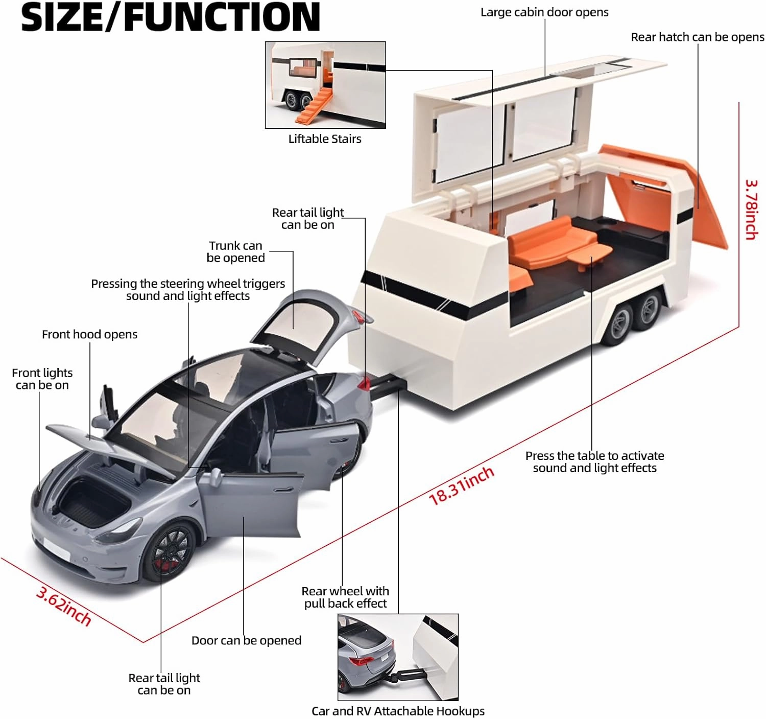 Car for Boys 1/24 Diecast Cars Y Toy Trailer,Die Cast Metal Y Toy Car,Metal Trailer Toys for Toddlers,Pull Back Cars with Light and Sound,Cars for Kids Ages 3-5（Grey）