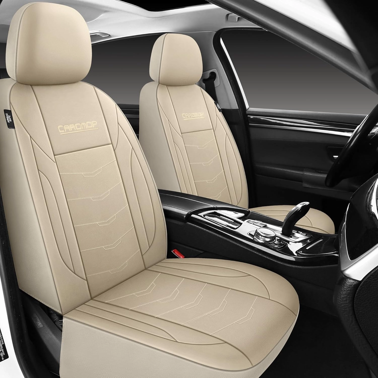 CAROMOP Premium PU Leather Car Seat Covers 2 Front Set,Waterproof Stain-Resistant Seat Covers for Cars, Universal Car Interior Covers Seat Protectors for Sedans SUVs Pick-up Trucks(Beige)