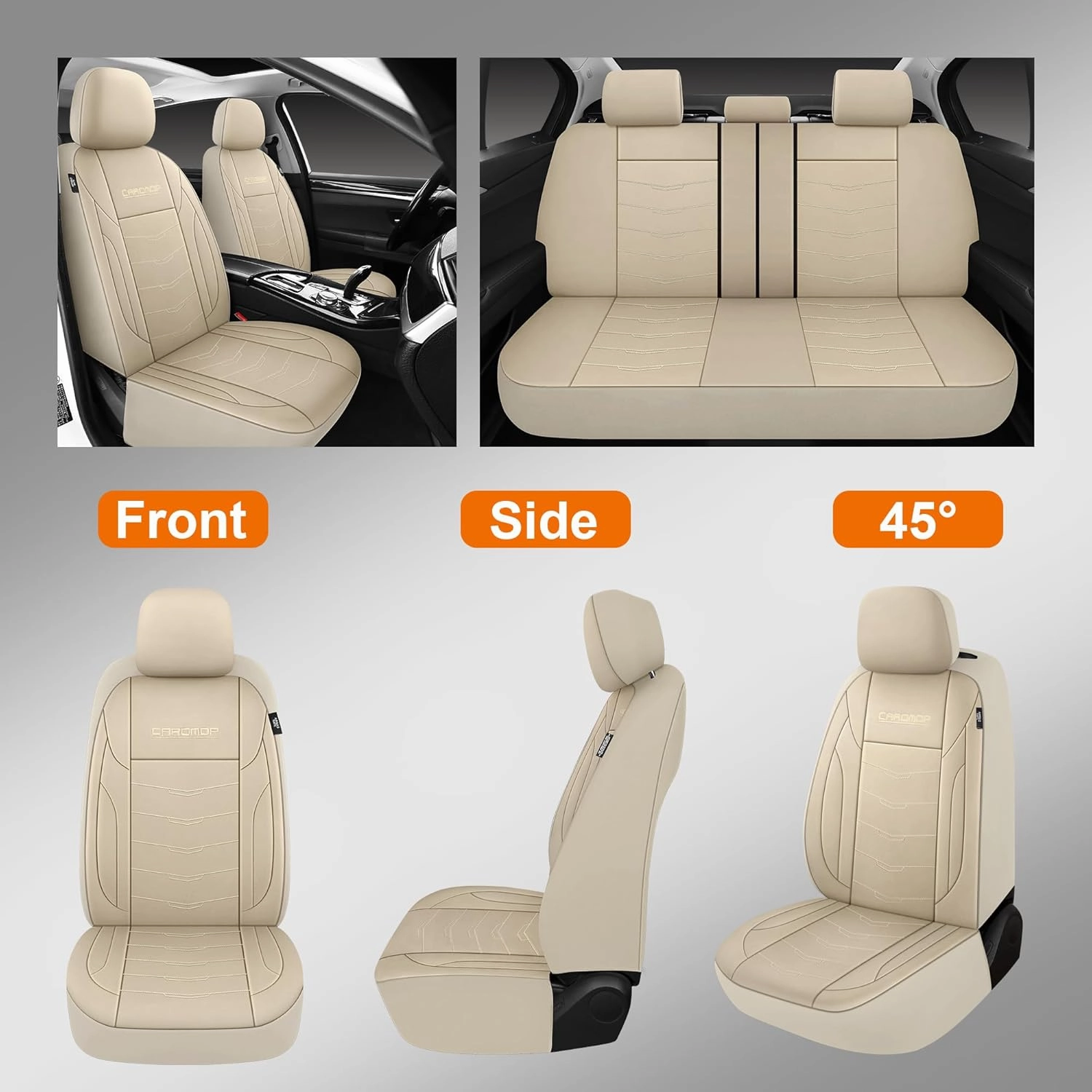 CAROMOP Premium PU Leather Car Seat Covers 2 Front Set,Waterproof Stain-Resistant Seat Covers for Cars, Universal Car Interior Covers Seat Protectors for Sedans SUVs Pick-up Trucks(Beige)