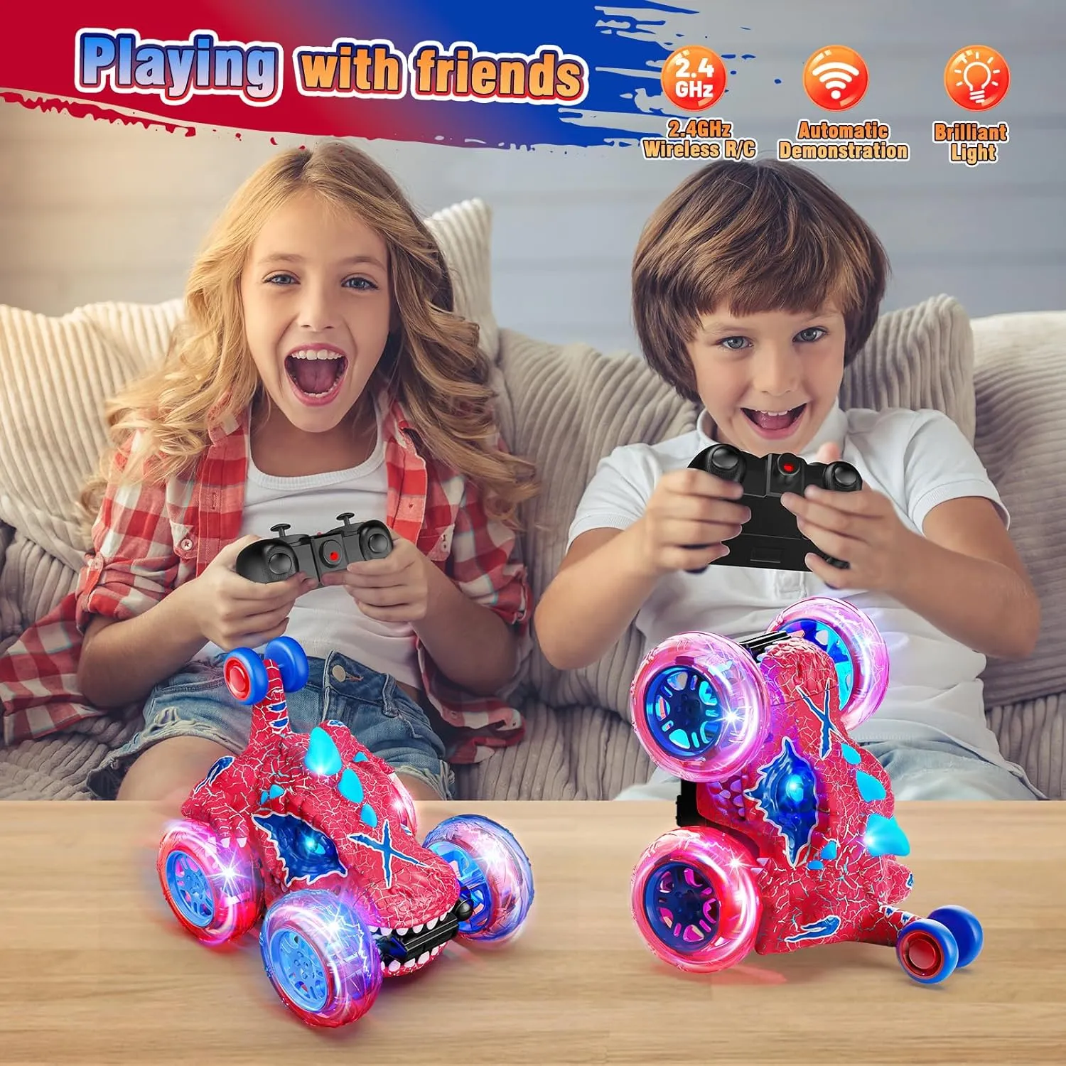 Carsky Remote Control Car RC Cars for Boy 360°Stunt Rotation 4WD Remote Cars for Kids 3-6 Double Sided Dinosaur Toy with Lights,2.4GHz Electric Toy Car,Easter Birthday Gift for 3 4 5 6 Year Old Boy