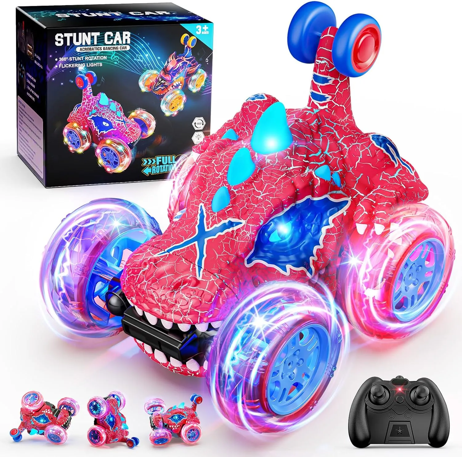Carsky Remote Control Car RC Cars for Boy 360°Stunt Rotation 4WD Remote Cars for Kids 3-6 Double Sided Dinosaur Toy with Lights,2.4GHz Electric Toy Car,Easter Birthday Gift for 3 4 5 6 Year Old Boy