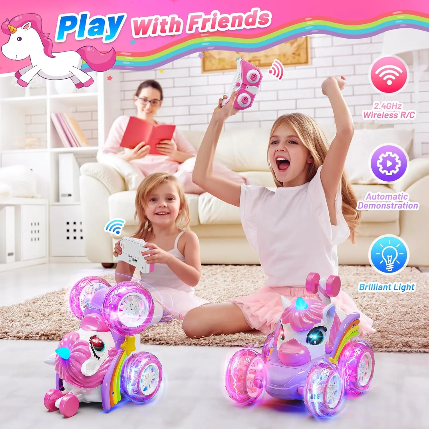 Carsky Remote Control Car RC Stunt Cars for Girl 360°Stunt Rotation 4WD Remote Cars for Kids 3-6 Double Sided RC Car with LED Lights,2.4GHz Electric Toy Car,Birthday Gift for 3 4 5 6 Year Old Girl