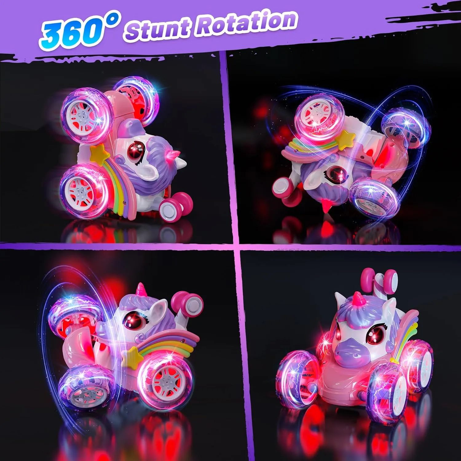 Carsky Unicorn Remote Control Car for Girls,360°Stunt RC Cars Rotation 4WD Remote Cars with LED Lights,Fun Indoor Outdoor Toys for Kids,Chritmas Easter Birthday Gift for 3 4 5 6 Year Old Girl
