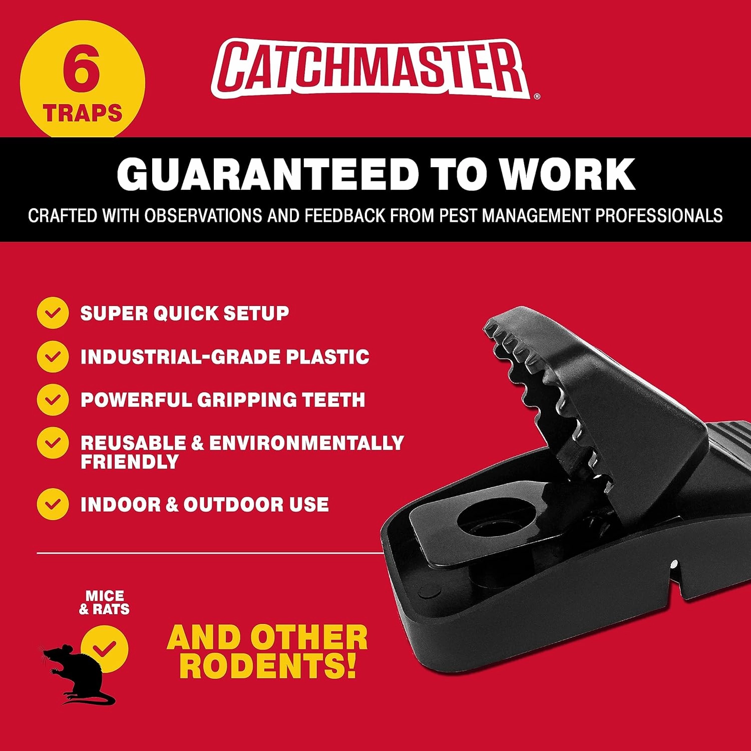 Catchmaster Snapper Mouse Traps 6-Pk, Mouse Traps Indoor for Home, Reusable Rodent Killer for House, Outdoor Critter Catcher, Eco Friendly Pest Control for Garage, Basement, & Kitchen