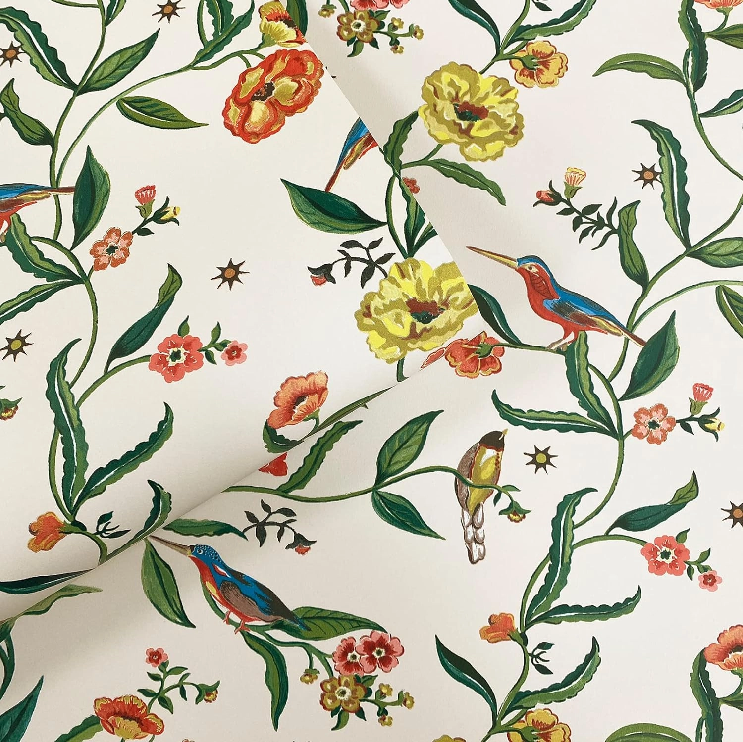 Cath Kidston Summer Birds Wallpaper Cream - Modern Wallpaper for Living Room, Bedroom, Fireplace - Decorative Luxury Wall Paper with Kingfisher Birds Amongst Trailing Flowers & Leaves (Cream)