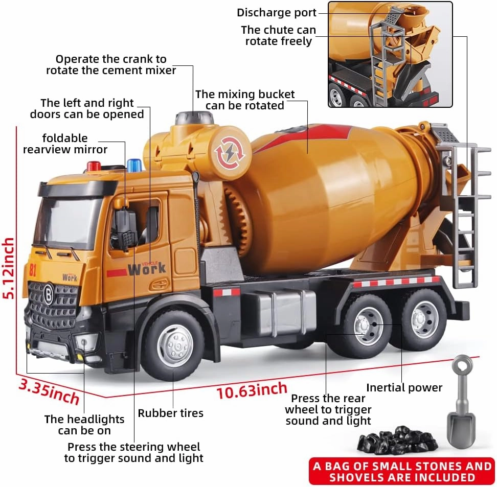 Cement Mixer Construction Toys Metal DieCast Cement Mixer Truck Model，Construction Truck Toys with Simulated Sounds and Lights，Suitable for Ages 3 and Up Cement Truck Toys for Boys