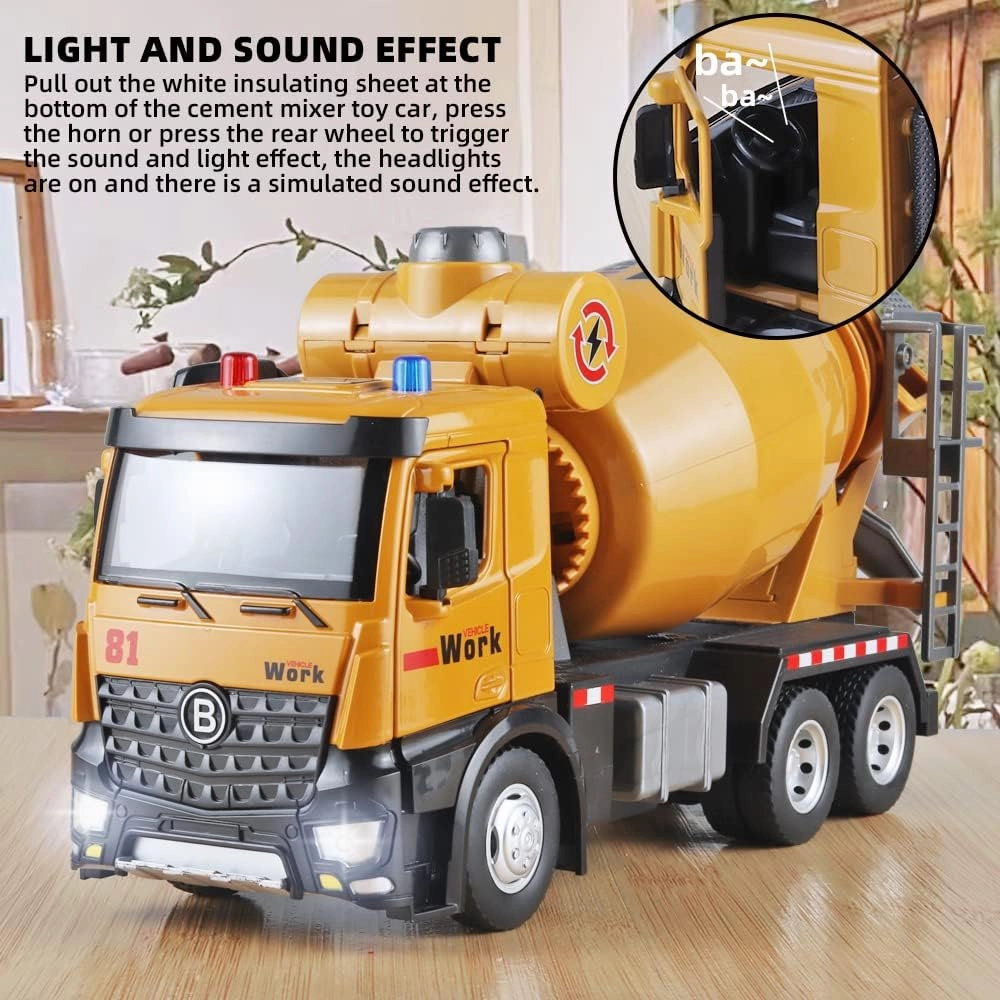 Cement Mixer Construction Toys Metal DieCast Cement Mixer Truck Model，Construction Truck Toys with Simulated Sounds and Lights，Suitable for Ages 3 and Up Cement Truck Toys for Boys