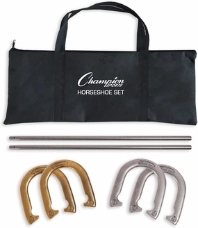 Champion Sports Horseshoe Set: Traditional Outdoor Lawn Game includes Four Professional Solid Steel Horseshoes with Solid Steel Stakes & Carrying Storage Case