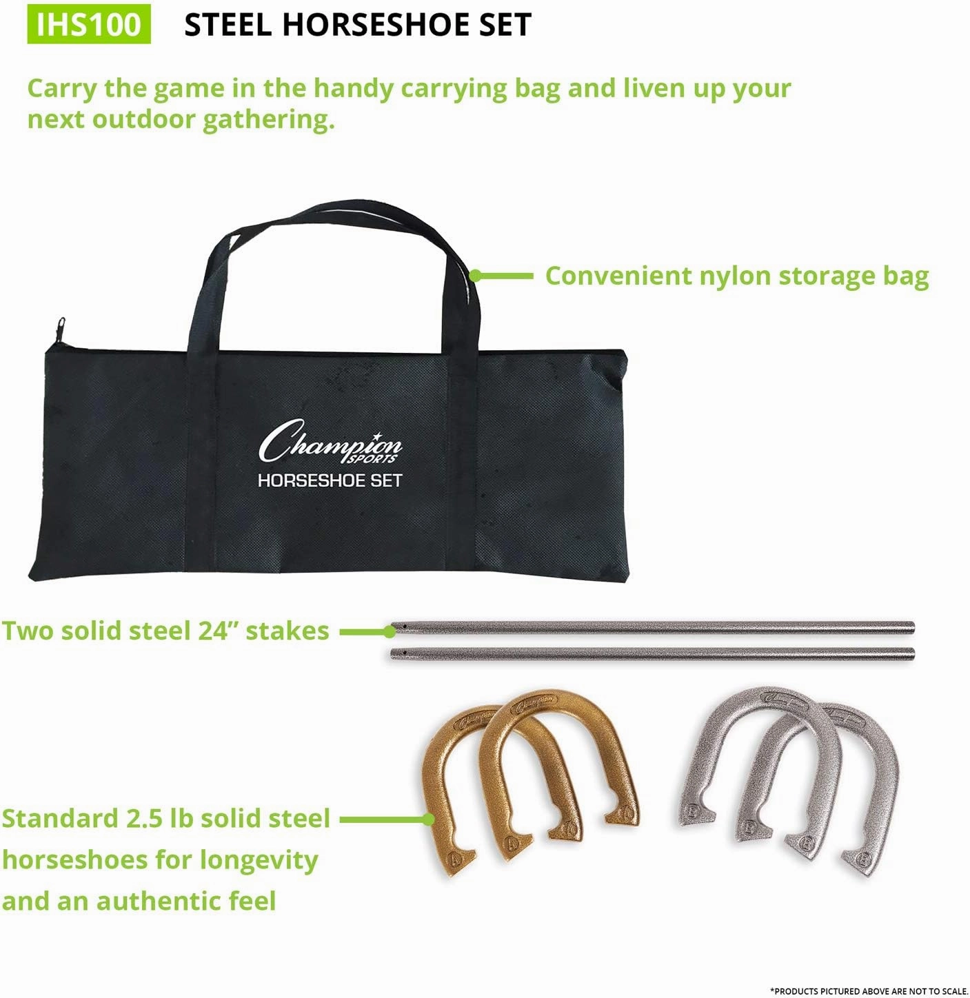 Champion Sports Horseshoe Set: Traditional Outdoor Lawn Game includes Four Professional Solid Steel Horseshoes with Solid Steel Stakes & Carrying Storage Case