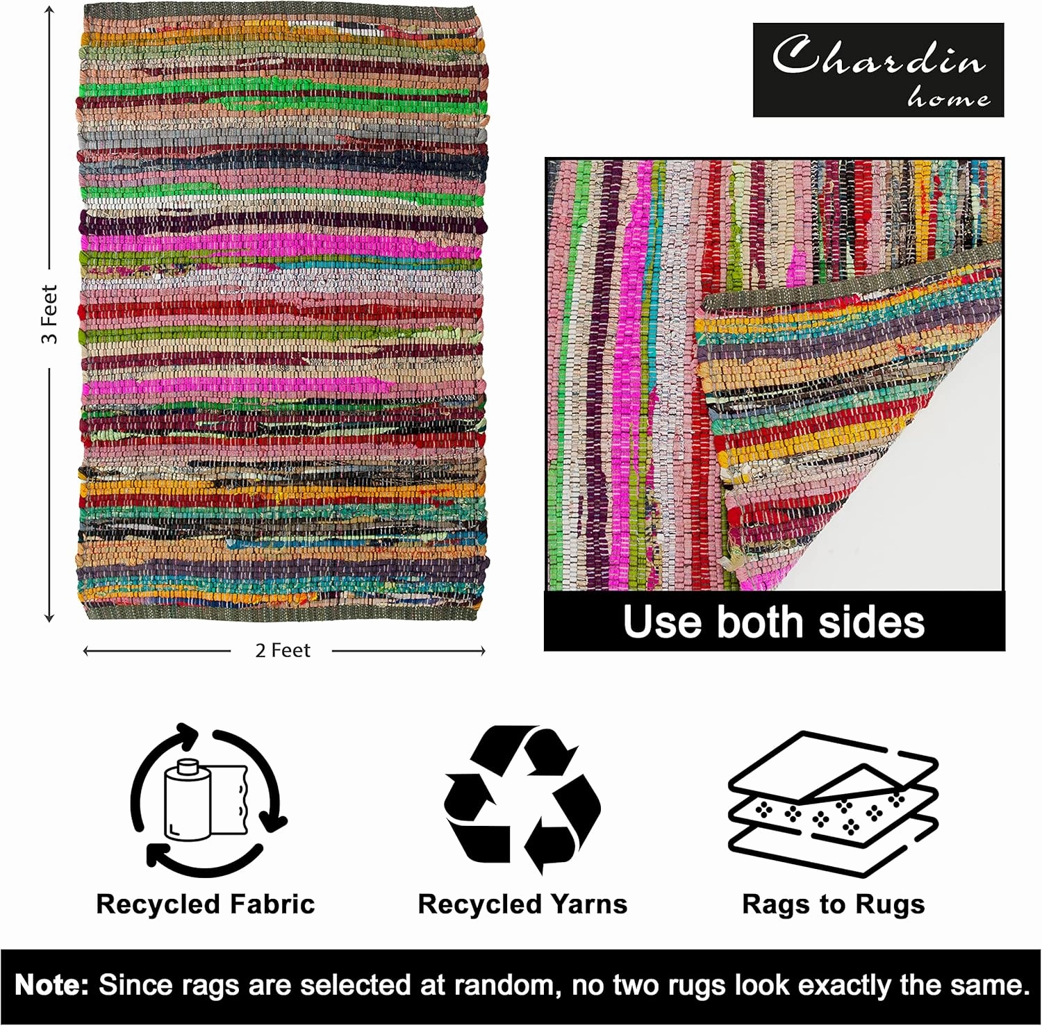 Chardin home - Eco Friendly 100% Recycled Cotton Colorful Chindi Area Rug, Multi (24x36 Inch.)