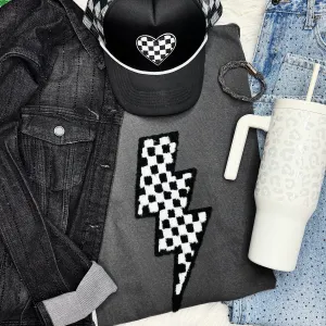 Checkered Lightning Bolt Fluffy Patch Pepper Tee