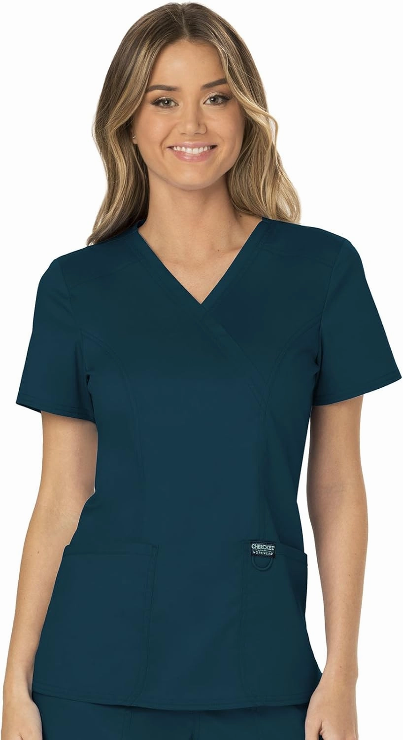 Cherokee Scrub Set For Women, Modern Classic Fit Mock Wrap Top WW610 With Mid Rise, Straight Leg Pant WW110
