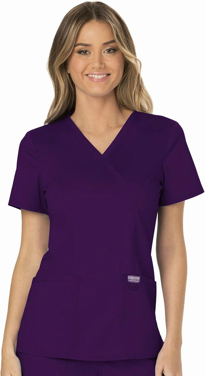 Cherokee Scrub Set For Women, Modern Classic Fit Mock Wrap Top WW610 With Mid Rise, Straight Leg Pant WW110