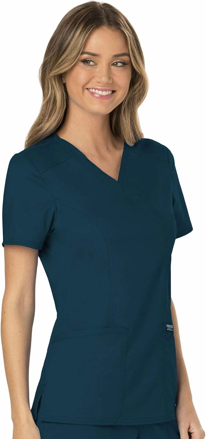 Cherokee Scrub Set For Women, Modern Classic Fit Mock Wrap Top WW610 With Mid Rise, Straight Leg Pant WW110