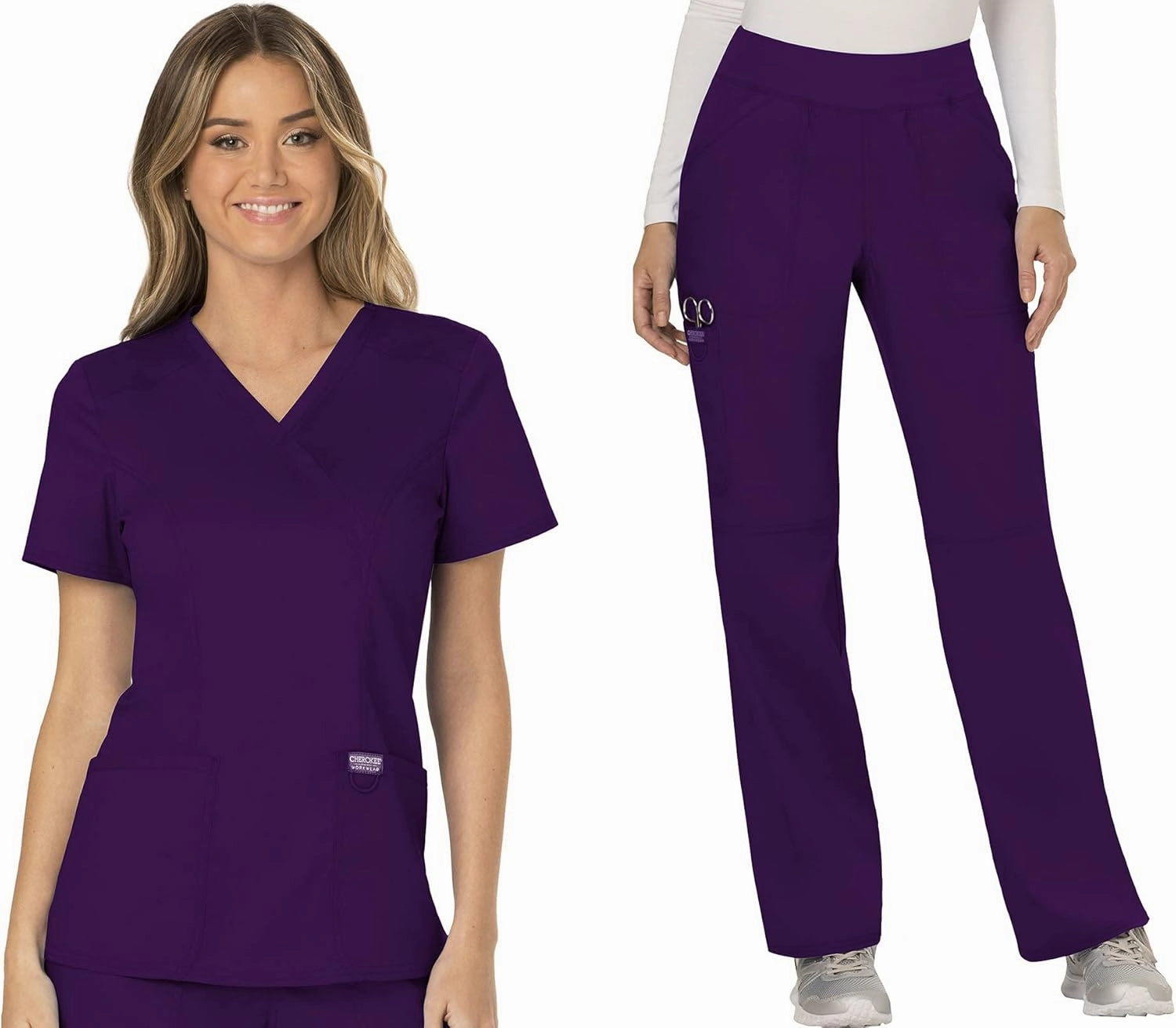 Cherokee Scrub Set For Women, Modern Classic Fit Mock Wrap Top WW610 With Mid Rise, Straight Leg Pant WW110
