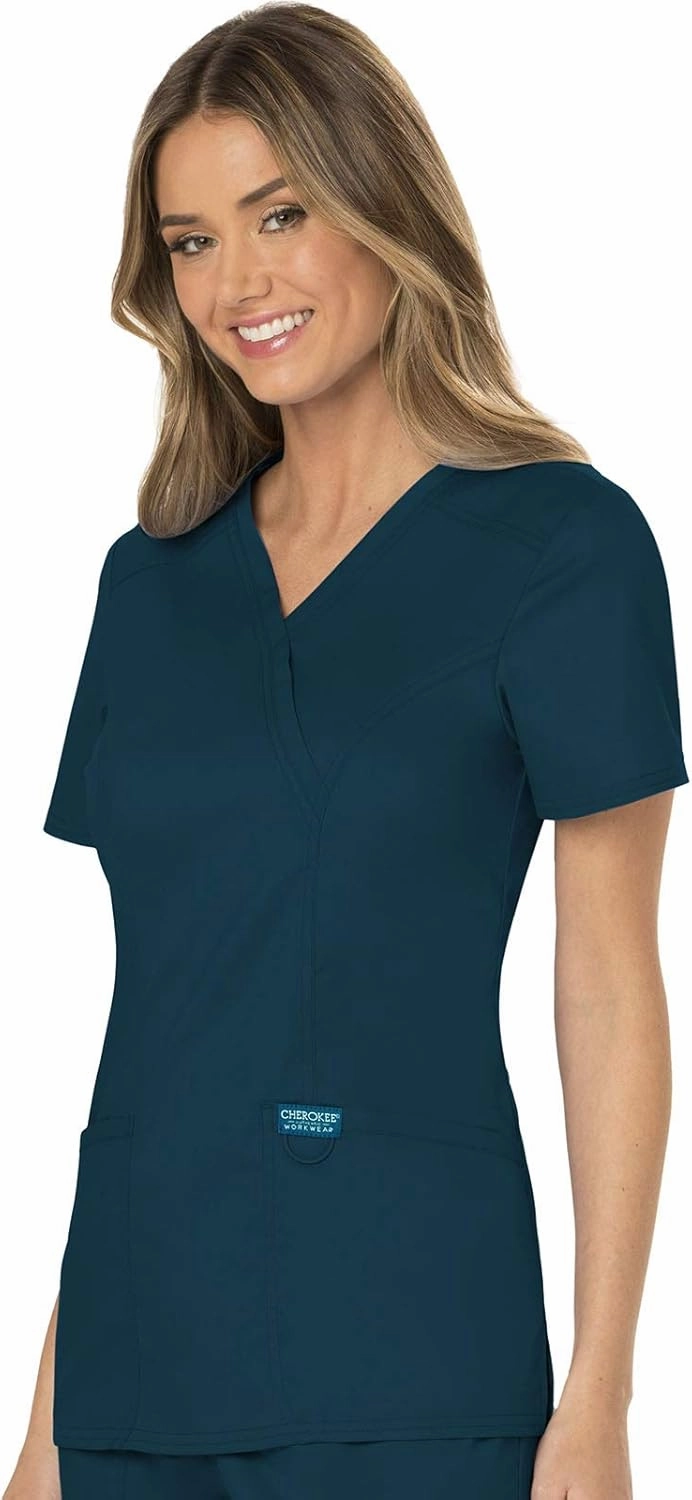 Cherokee Scrub Set For Women, Modern Classic Fit Mock Wrap Top WW610 With Mid Rise, Straight Leg Pant WW110