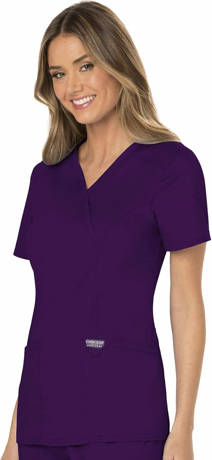 Cherokee Scrub Set For Women, Modern Classic Fit Mock Wrap Top WW610 With Mid Rise, Straight Leg Pant WW110
