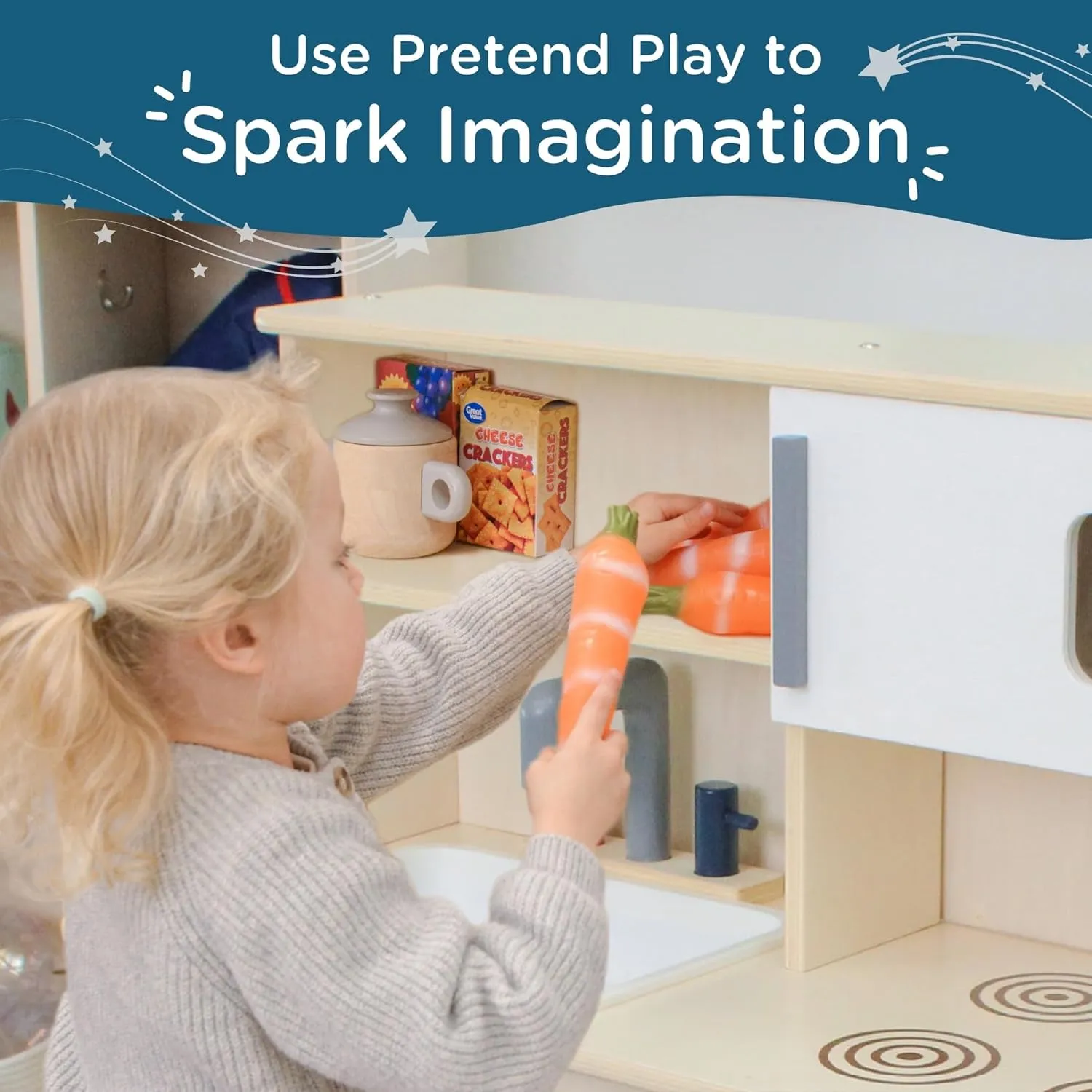 Children’s Factory Wooden Play Kitchen for Kids Toddlers, Combination Kitchen Includes Sink, Stove, and Microwave with Realistic Design, Nursery or Playroom Pretend Play Furniture, Assembly Required