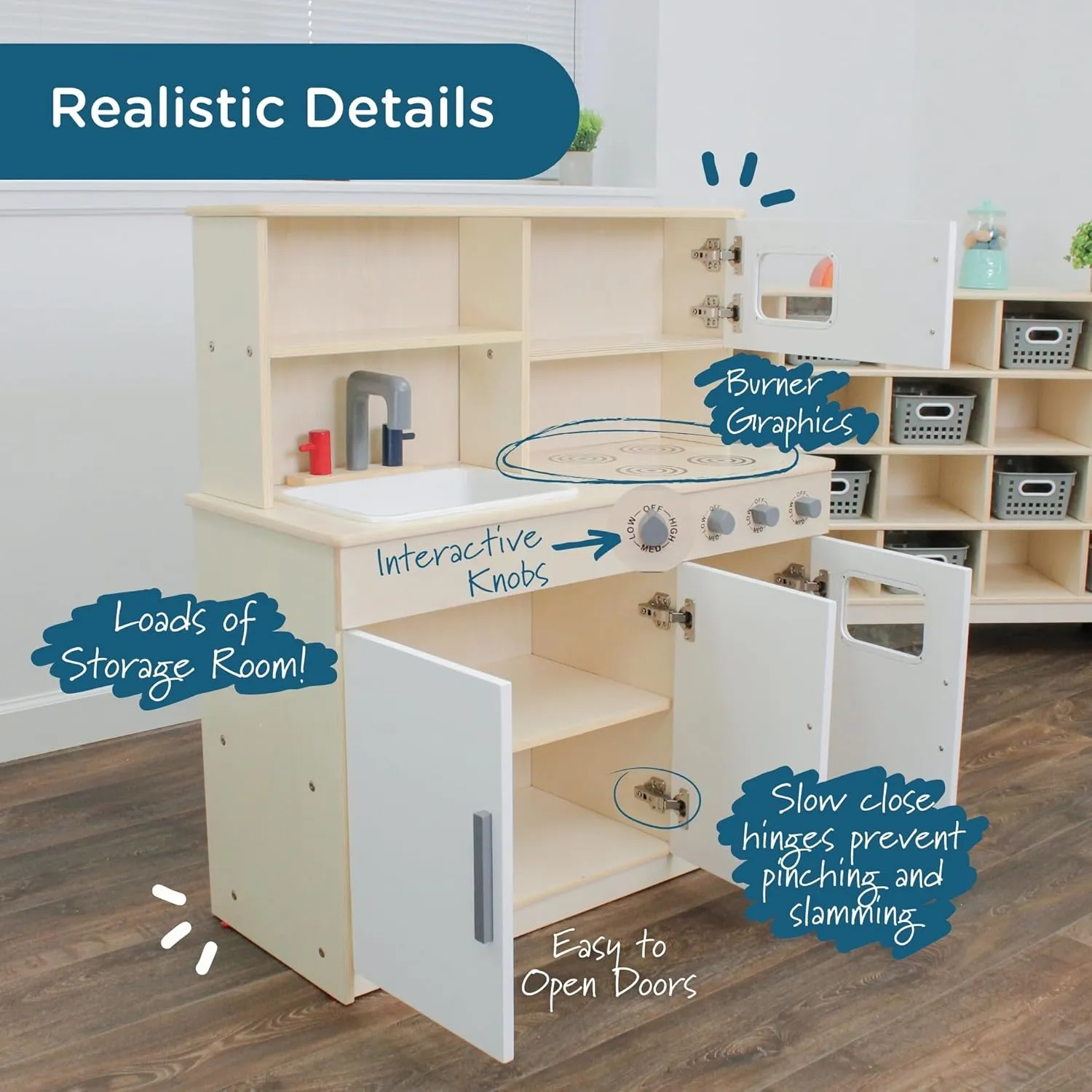 Children’s Factory Wooden Play Kitchen for Kids Toddlers, Combination Kitchen Includes Sink, Stove, and Microwave with Realistic Design, Nursery or Playroom Pretend Play Furniture, Assembly Required