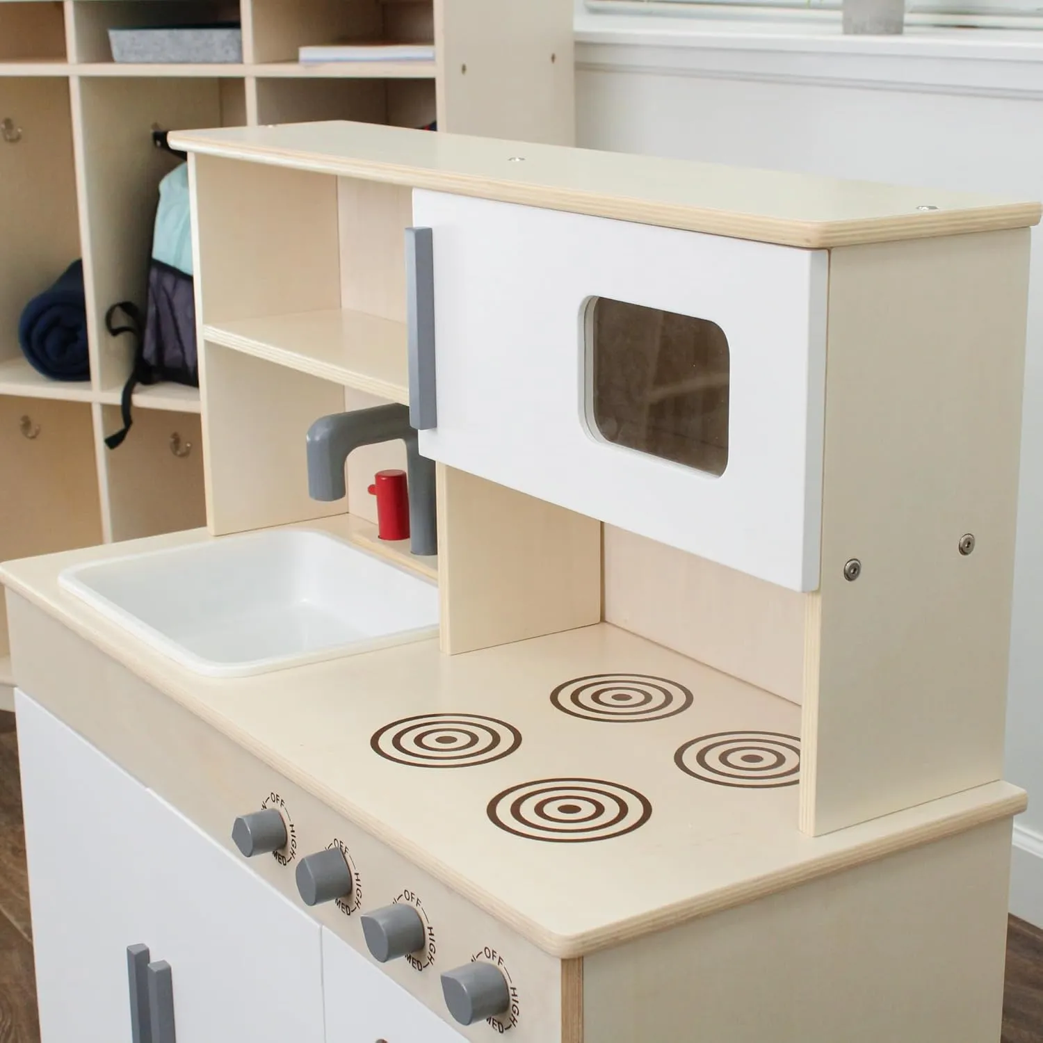 Children’s Factory Wooden Play Kitchen for Kids Toddlers, Combination Kitchen Includes Sink, Stove, and Microwave with Realistic Design, Nursery or Playroom Pretend Play Furniture, Assembly Required
