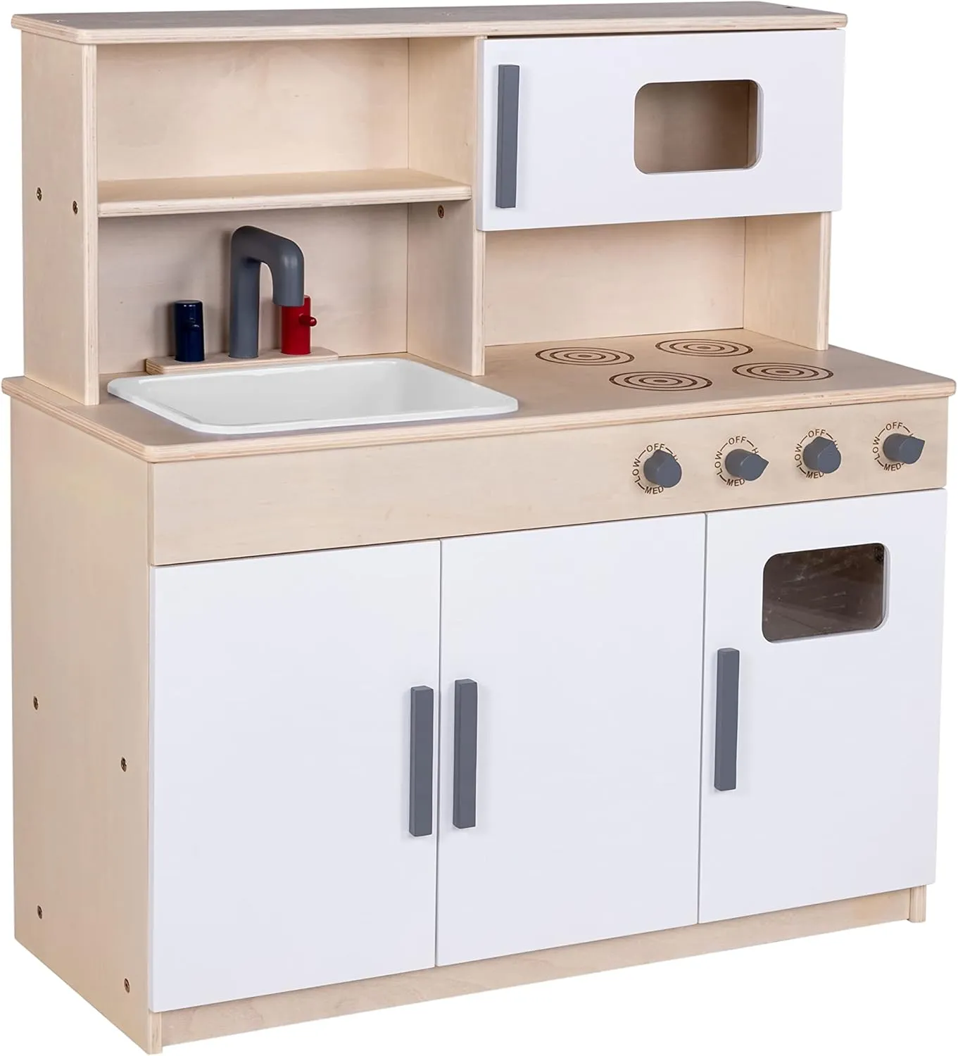 Children’s Factory Wooden Play Kitchen for Kids Toddlers, Combination Kitchen Includes Sink, Stove, and Microwave with Realistic Design, Nursery or Playroom Pretend Play Furniture, Assembly Required
