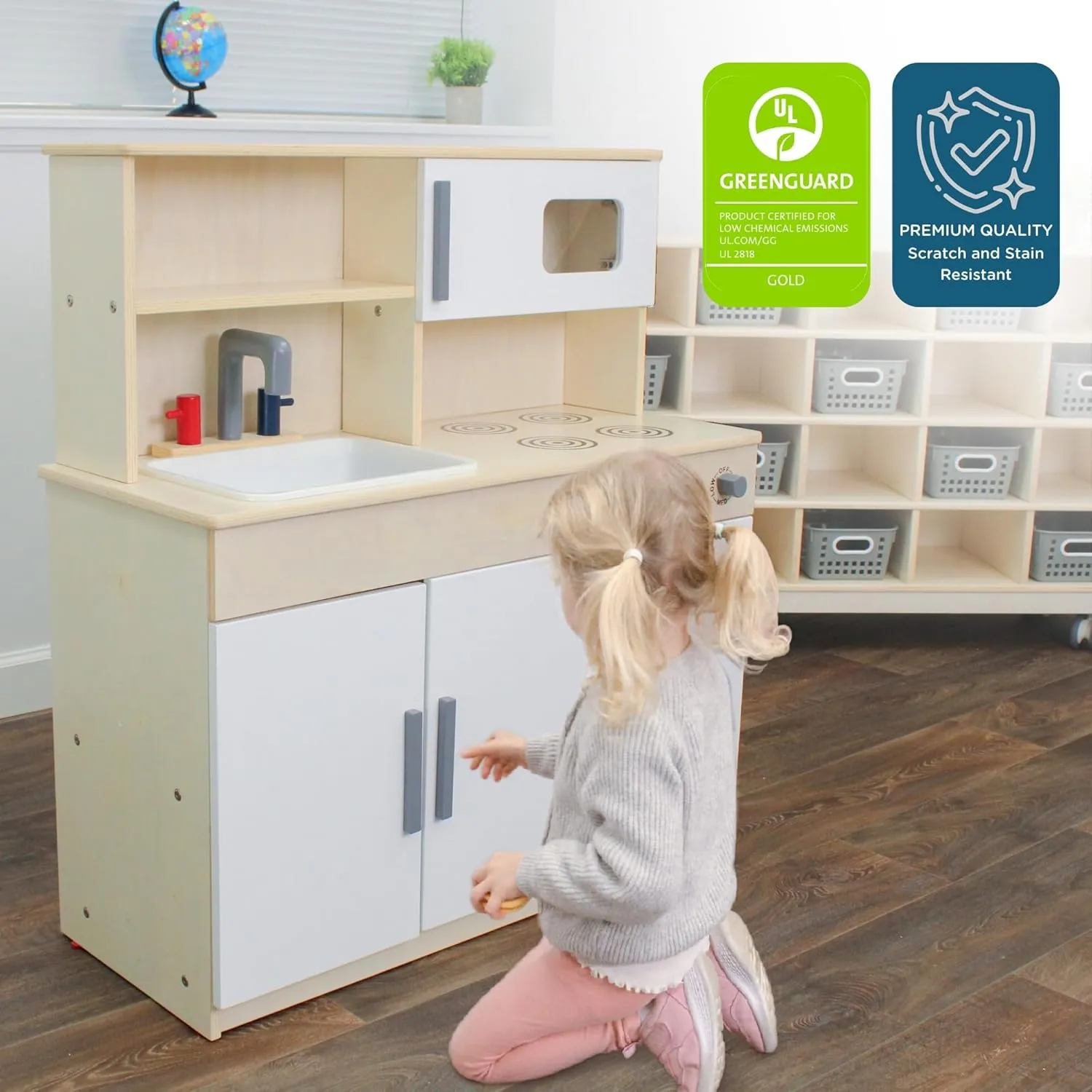Children’s Factory Wooden Play Kitchen for Kids Toddlers, Combination Kitchen Includes Sink, Stove, and Microwave with Realistic Design, Nursery or Playroom Pretend Play Furniture, Assembly Required