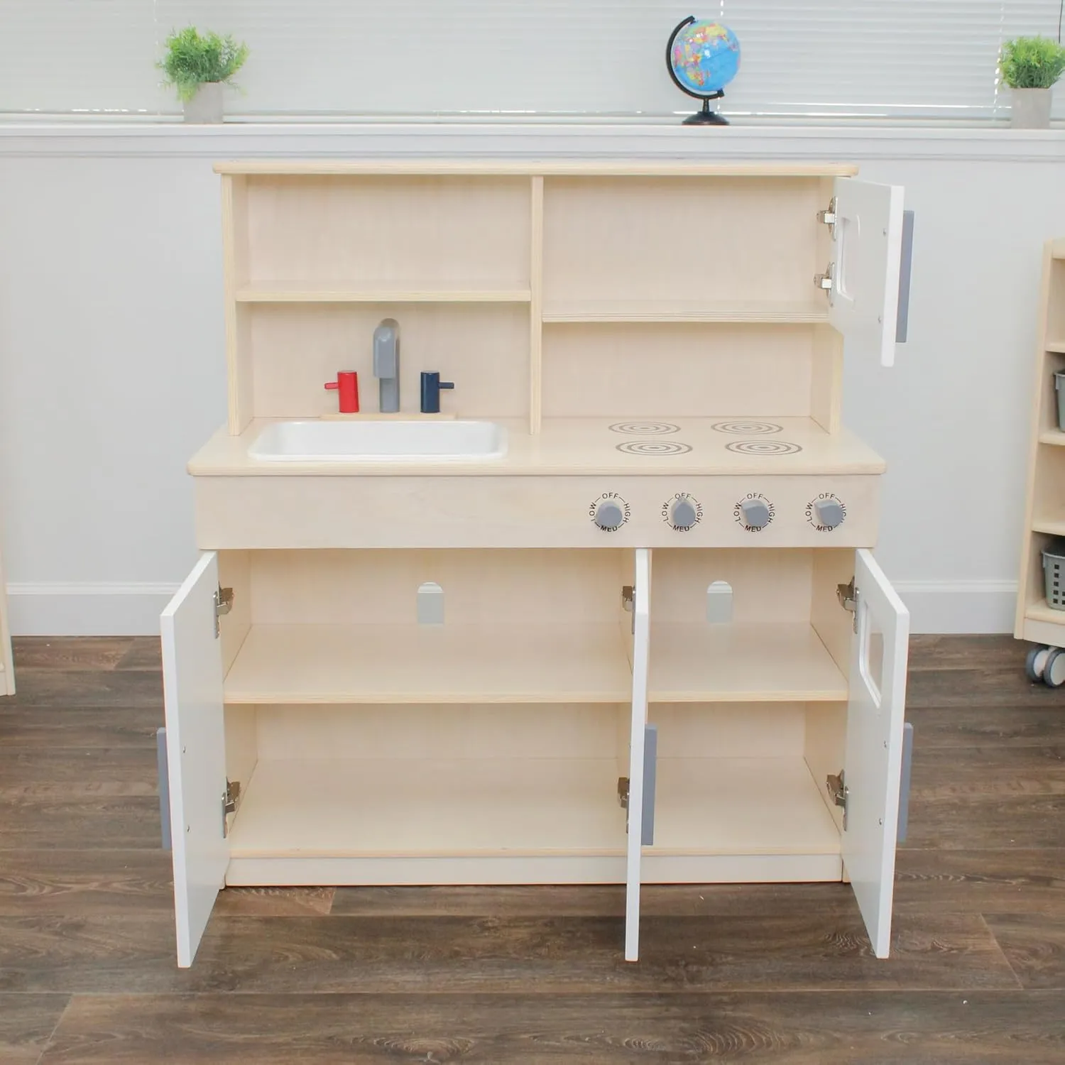 Children’s Factory Wooden Play Kitchen for Kids Toddlers, Combination Kitchen Includes Sink, Stove, and Microwave with Realistic Design, Nursery or Playroom Pretend Play Furniture, Assembly Required