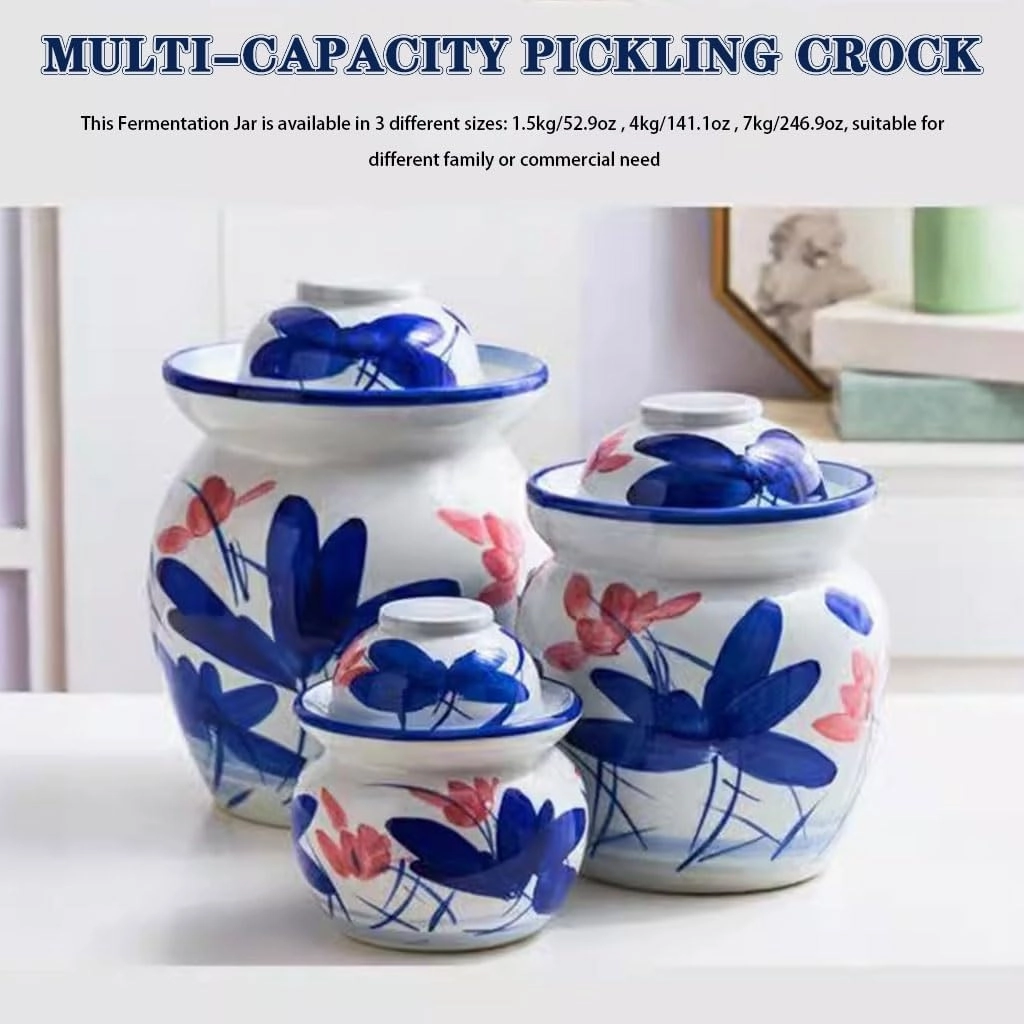 Chinese Ink-wash Style Pickle Jar, Traditional Lotus Classical Kimchi Jar, Thickened Ceramic Sealed Crock, Pickled Cucumber And Radish(1.5kg/52.9oz)