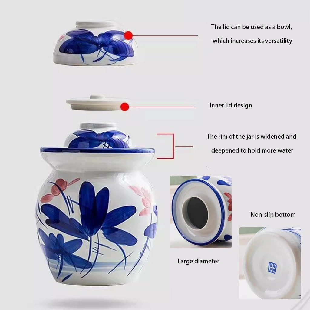 Chinese Ink-wash Style Pickle Jar, Traditional Lotus Classical Kimchi Jar, Thickened Ceramic Sealed Crock, Pickled Cucumber And Radish(1.5kg/52.9oz)