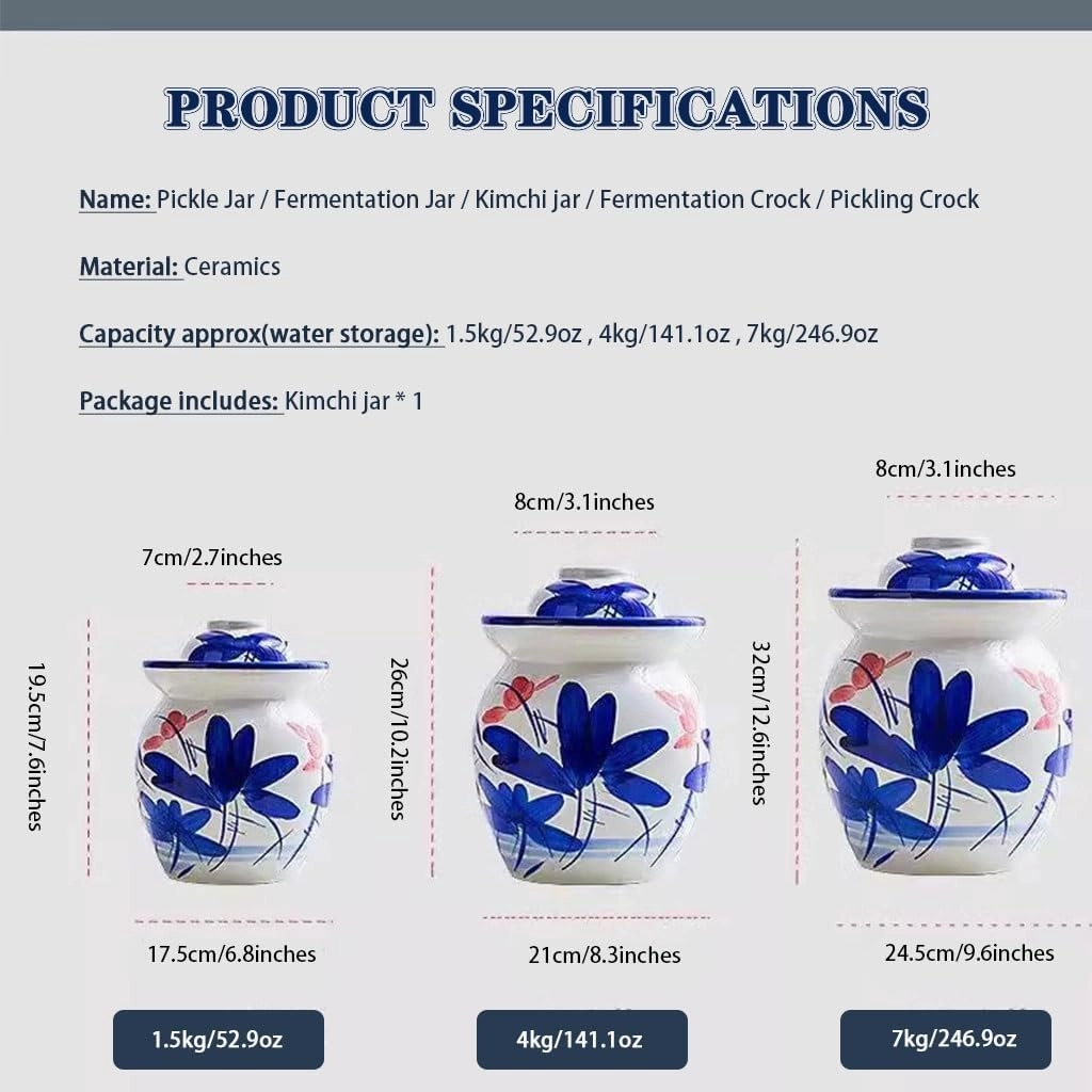 Chinese Ink-wash Style Pickle Jar, Traditional Lotus Classical Kimchi Jar, Thickened Ceramic Sealed Crock, Pickled Cucumber And Radish(1.5kg/52.9oz)