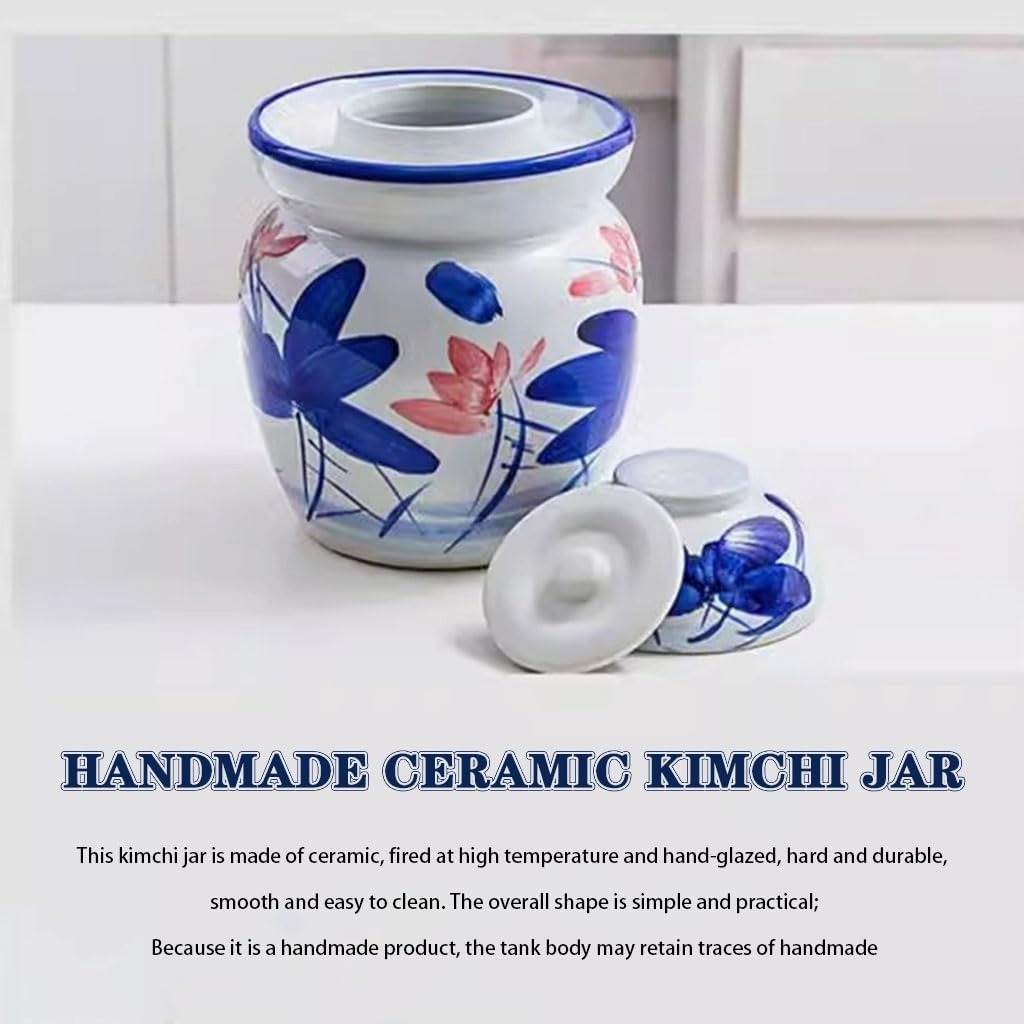 Chinese Ink-wash Style Pickle Jar, Traditional Lotus Classical Kimchi Jar, Thickened Ceramic Sealed Crock, Pickled Cucumber And Radish(1.5kg/52.9oz)