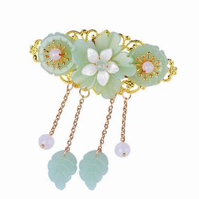 Chinese Style Hair Clips Ponytail Holder Long Tassel Hair Barrettes Jade Hair Clips Glaze Flower Pearl for Women Hanfu Cosplay Hair Accessories (Light Green)
