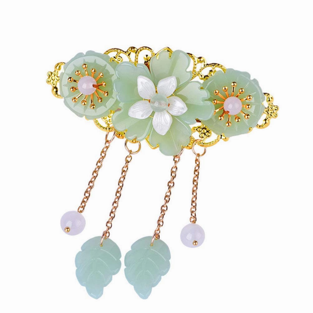 Chinese Style Hair Clips Ponytail Holder Long Tassel Hair Barrettes Jade Hair Clips Glaze Flower Pearl for Women Hanfu Cosplay Hair Accessories (Light Green)