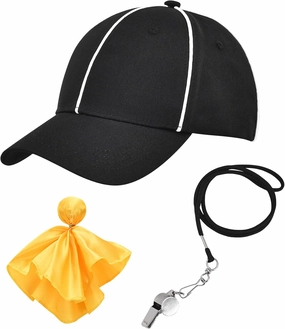 ChinFun Official Referee Hat Adjustable Black with White Stripes Ball Cap 1 Penalty Flag Flags and 1 Stainless Steel Whistle