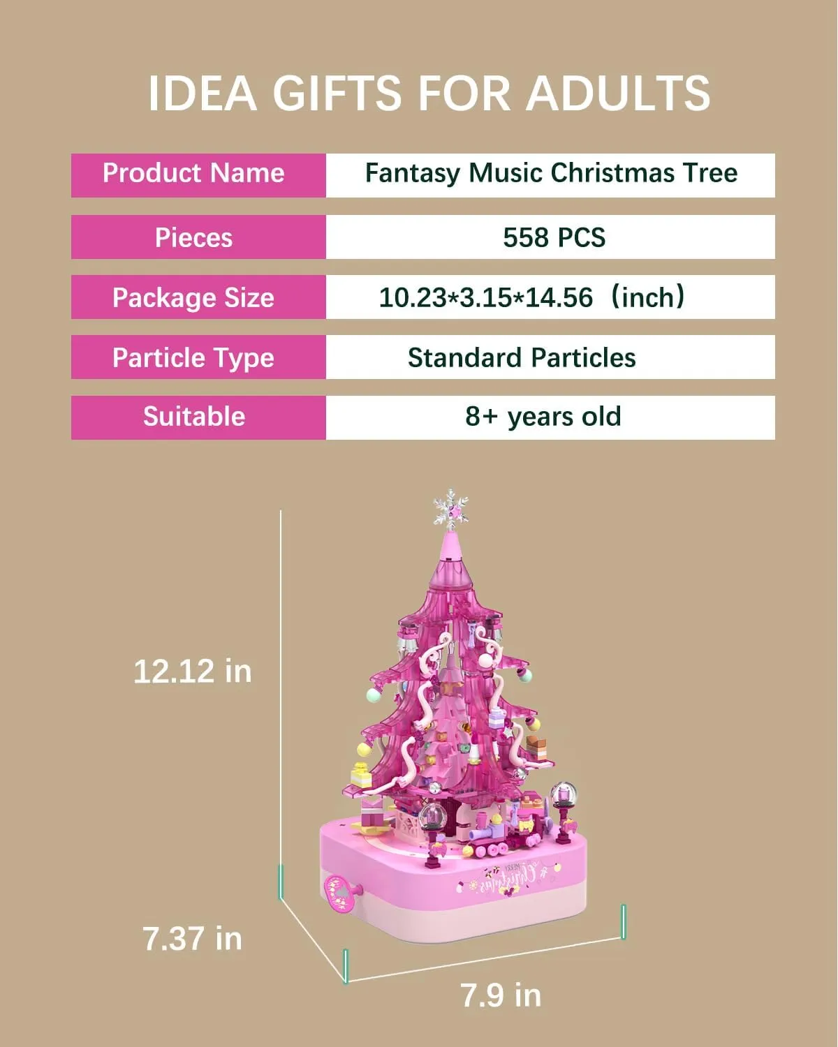 Christmas Building Blocks Music Box Toy Set - Pink Crystal Tree 558 Pieces, Holiday Decoration Block Kit, Creative for Kids Adults (1319)