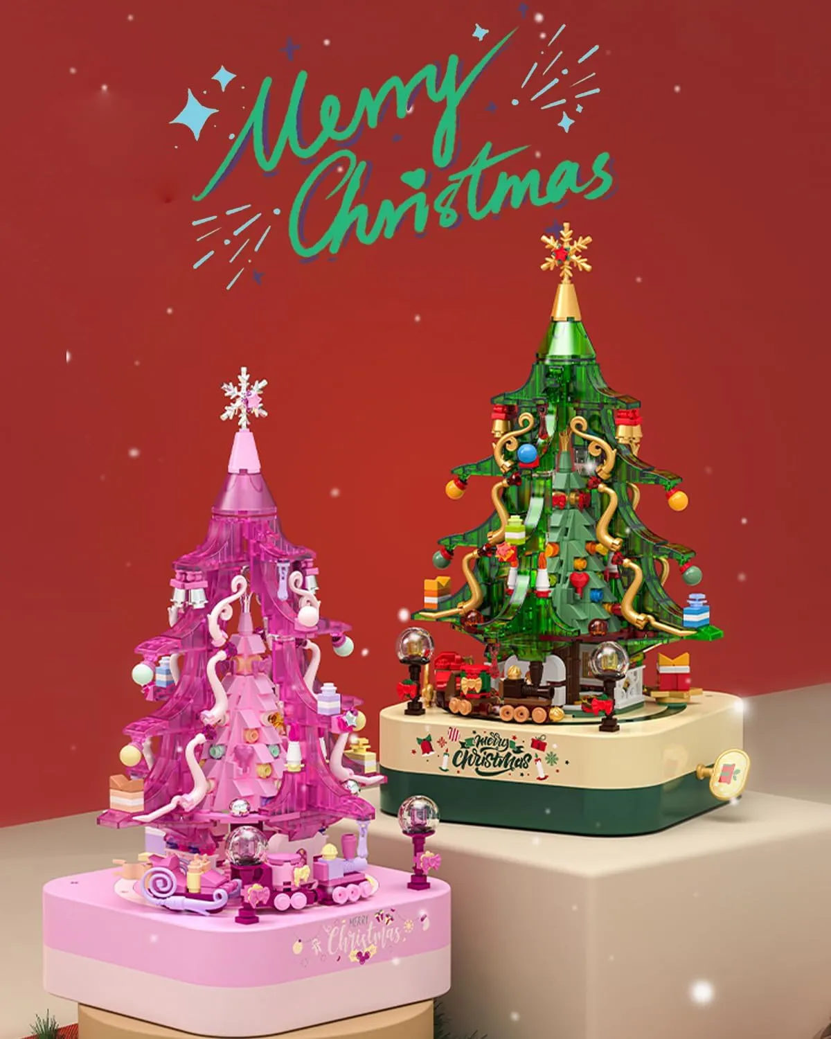 Christmas Building Blocks Music Box Toy Set - Pink Crystal Tree 558 Pieces, Holiday Decoration Block Kit, Creative for Kids Adults (1319)