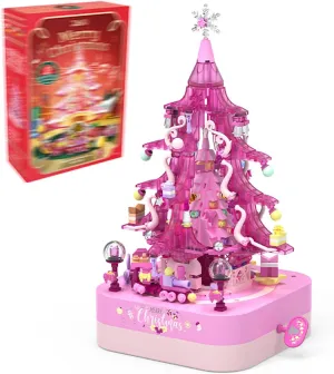 Christmas Building Blocks Music Box Toy Set - Pink Crystal Tree 558 Pieces, Holiday Decoration Block Kit, Creative for Kids Adults (1319)
