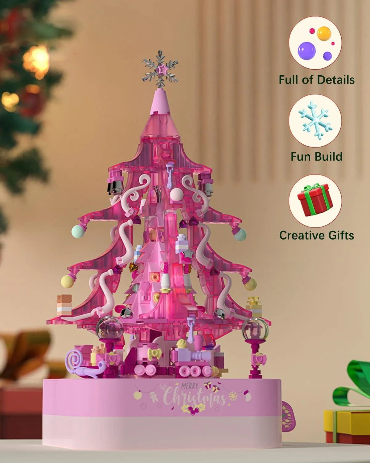 Christmas Building Blocks Music Box Toy Set - Pink Crystal Tree 558 Pieces, Holiday Decoration Block Kit, Creative for Kids Adults (1319)