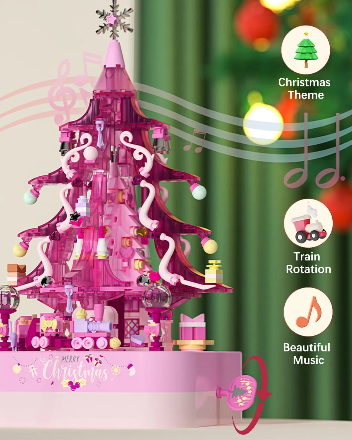 Christmas Building Blocks Music Box Toy Set - Pink Crystal Tree 558 Pieces, Holiday Decoration Block Kit, Creative for Kids Adults (1319)