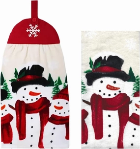 Christmas Kitchen Print Towels, Set of 2, One Hanging Tie-Top with Button Loop Cotton Terry Towel Snowman Family for and Household Red, Black, Beige, Green, Orange 16 x 25 inches