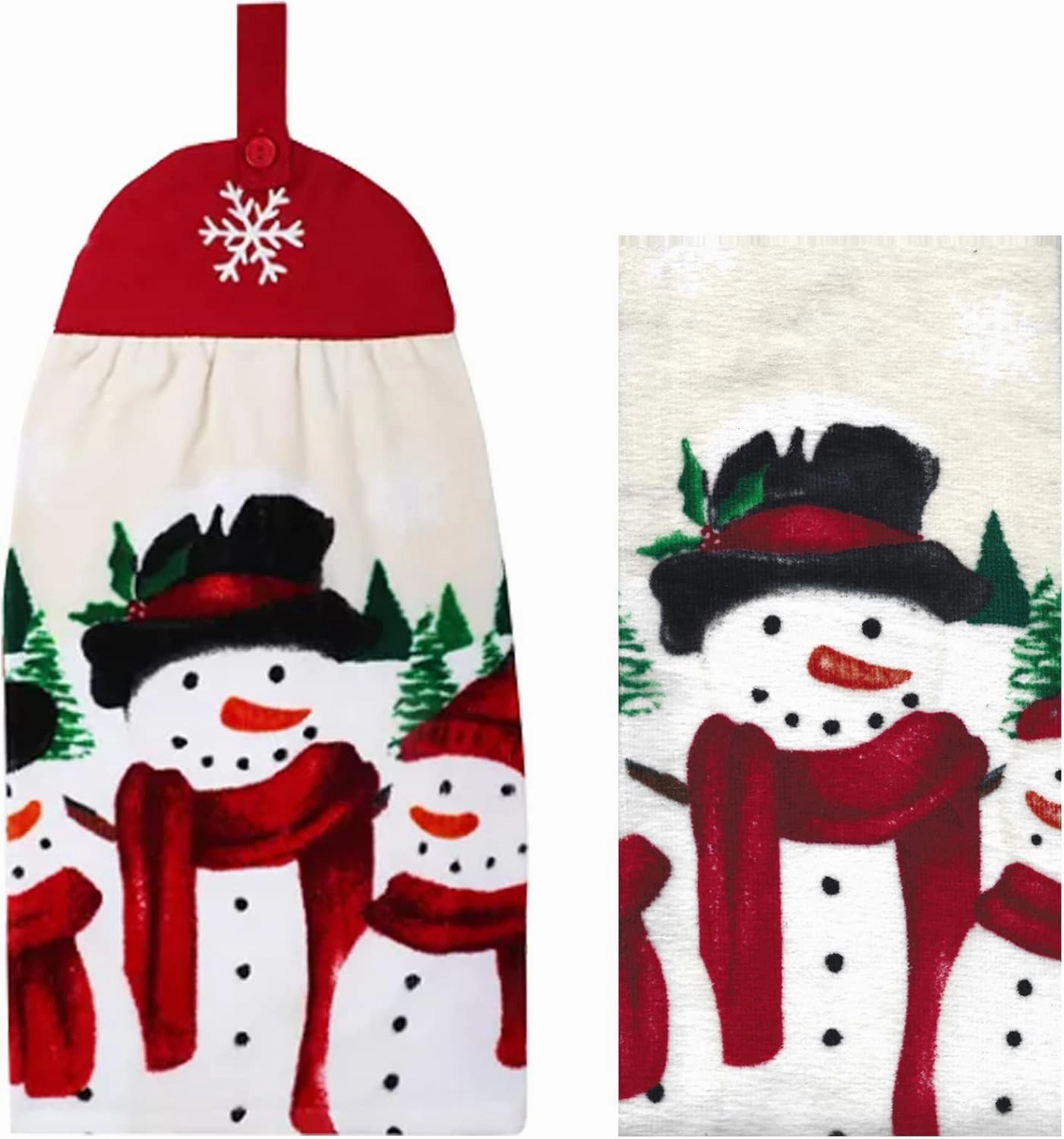 Christmas Kitchen Print Towels, Set of 2, One Hanging Tie-Top with Button Loop Cotton Terry Towel Snowman Family for and Household Red, Black, Beige, Green, Orange 16 x 25 inches